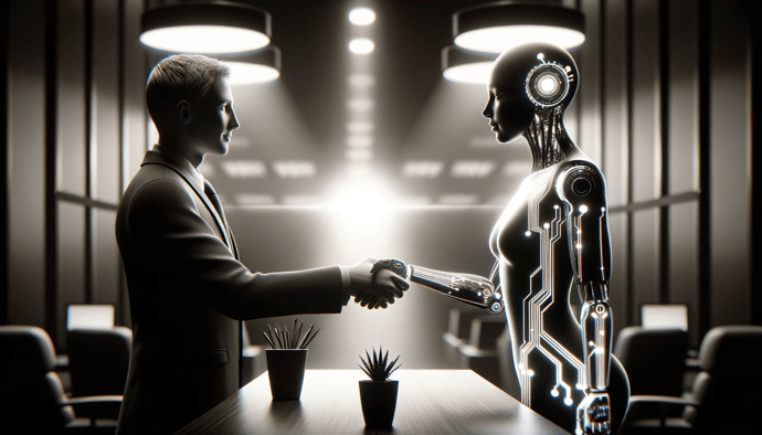 DALL·E 2023-11-27 17.59.29 - A widescreen, monochrome image with a dark color palette, focusing on the theme Balancing technology and humanity_ the ethics of AI in HR. The compo
